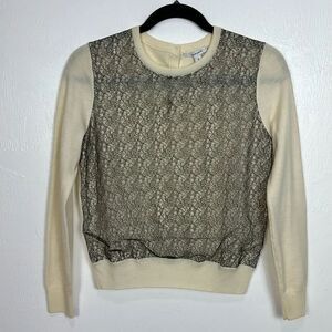 Carven Ivory Wool Long Sleeve Lace Overlay Crew Neck Sweater Size M